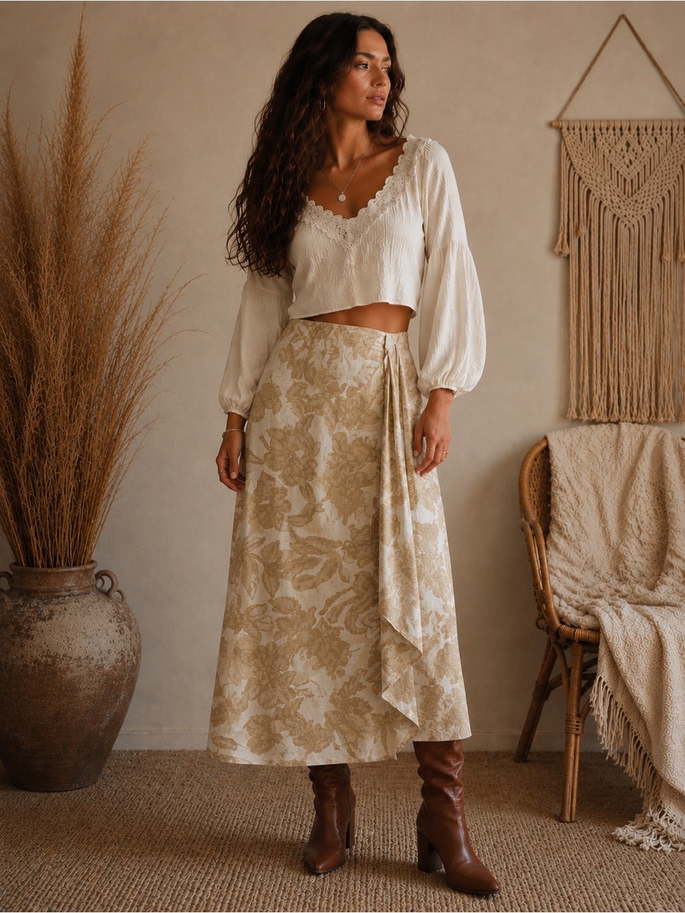 Dana Buchman Silk Linen Midi Wrap Skirt | Size 6 | Vintage Boho Western Floral